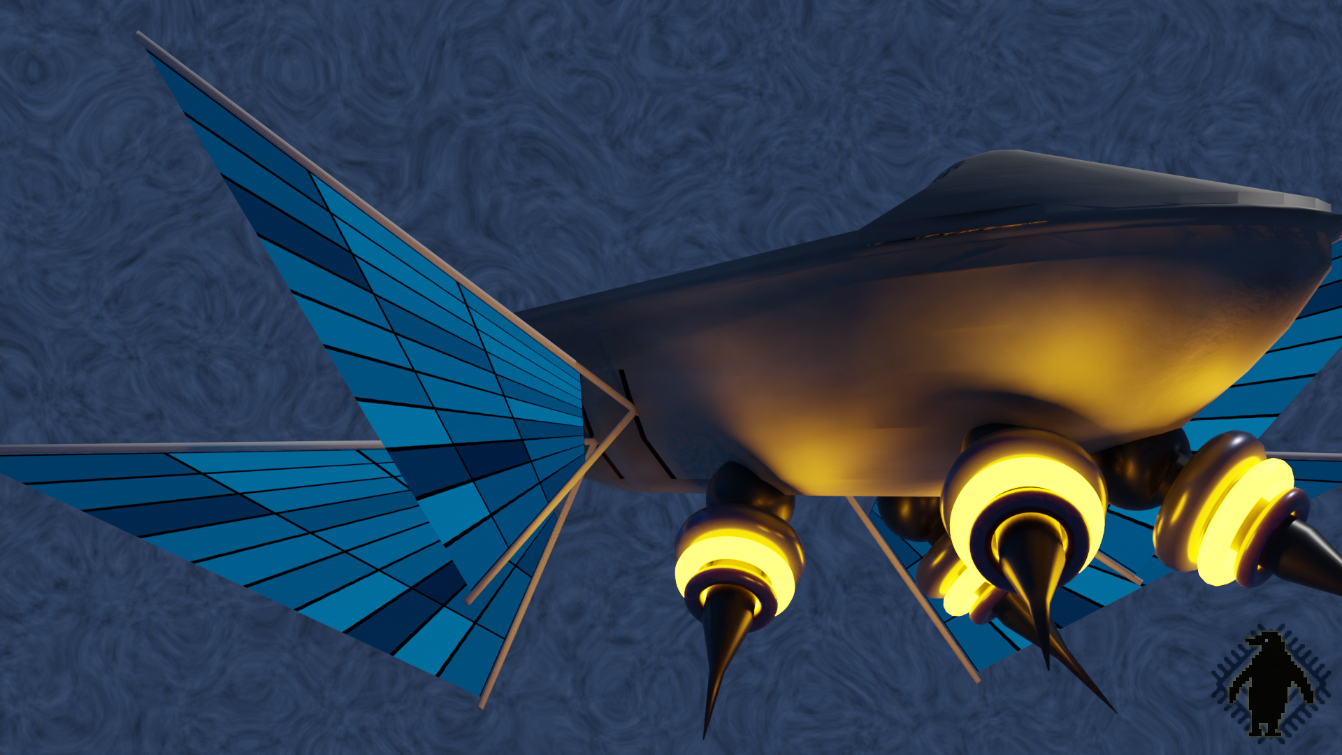 A 3D rendering of a sci-fi airship.